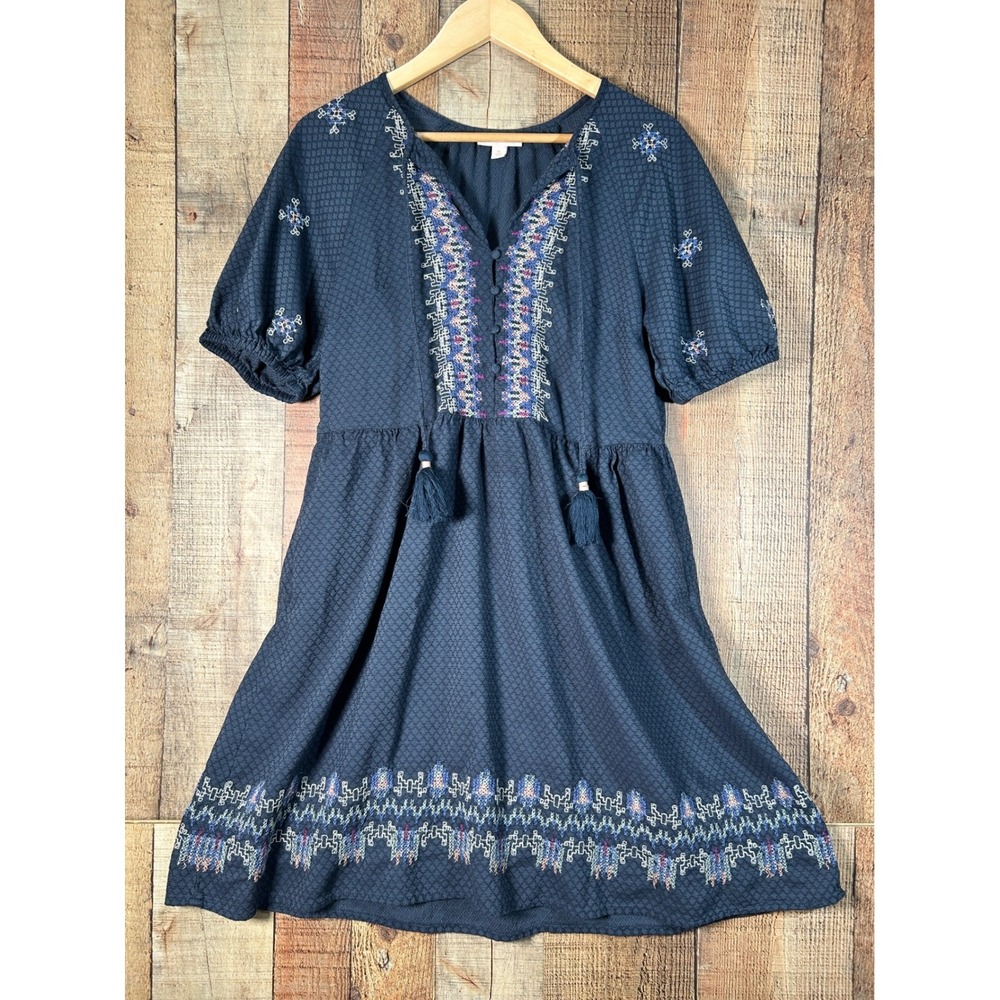 Knox Rose Navy Blue Cotton Rayon Embroidered Babydoll Boho Peasant Dress Size M